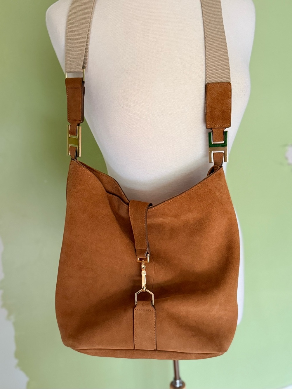 India Hicks Suede Bucket Shoulder Bag in Cognac Brown 13” x 10” x 6 1/2”